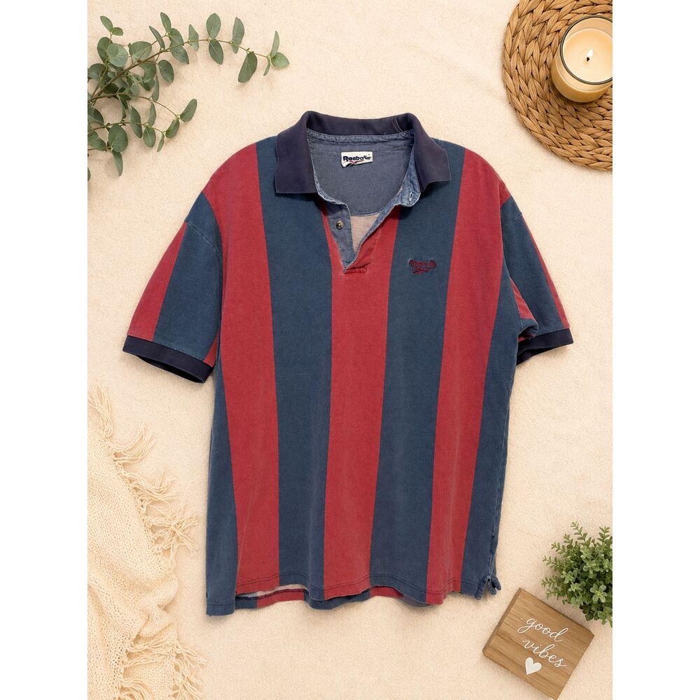 Vintage 90s Reebok Rugby Polo Shirt Mens XL Striped Oversized Embroidered Logo